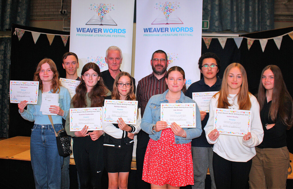 Winners and finalists in the festival’s Great Weaver Words Writing competition, with prizes presented by Festival Patron Tim Firth (writer of Calendar Girls)