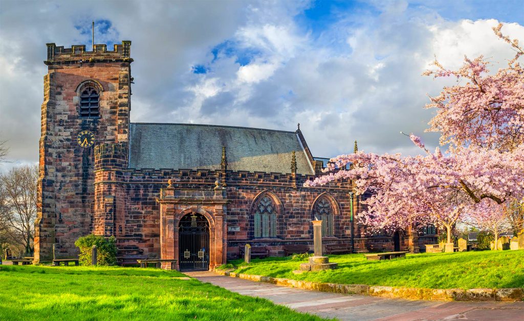 St Laurence Church Frodsham Cheshire Spring Time Cherry Blossum